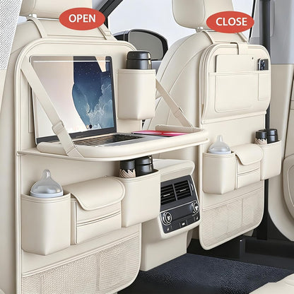 Universal Foldable Car Backseat Organizer with Table Tray, Car Seat Back Protector with Touch Screen Phone Holder, Premium Leather Kick Mats with Storage Pockets Tissue Holder (Brown)