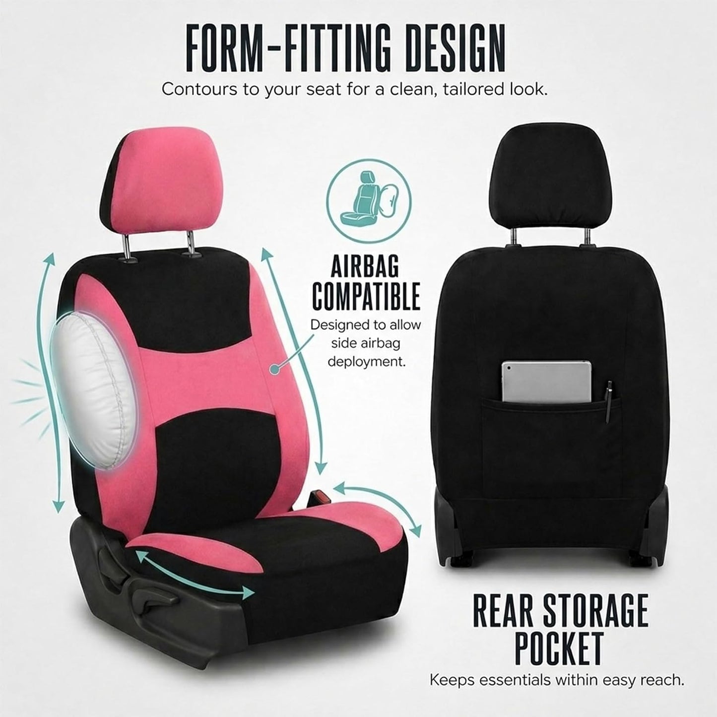 FH Group Full Set Cloth Car Seat Covers, Universal Fit Front and Split Bench Rear, Airbag Compatible, Washable for SUV, Sedan, Van - Black