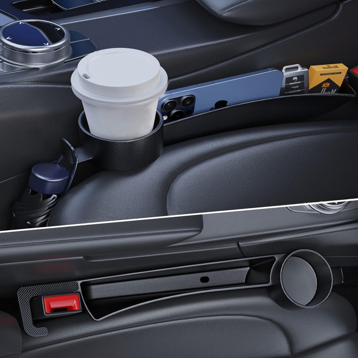 Car Seat Gap Plug with Storage Slot, Auto Gap Filler Organizer with Cup Holder, Universal Carseat Side Gap Filler Strip 2 Pack Between Front Seats & Console, Anti-Drop Pad with Seatbelt Holes, Black