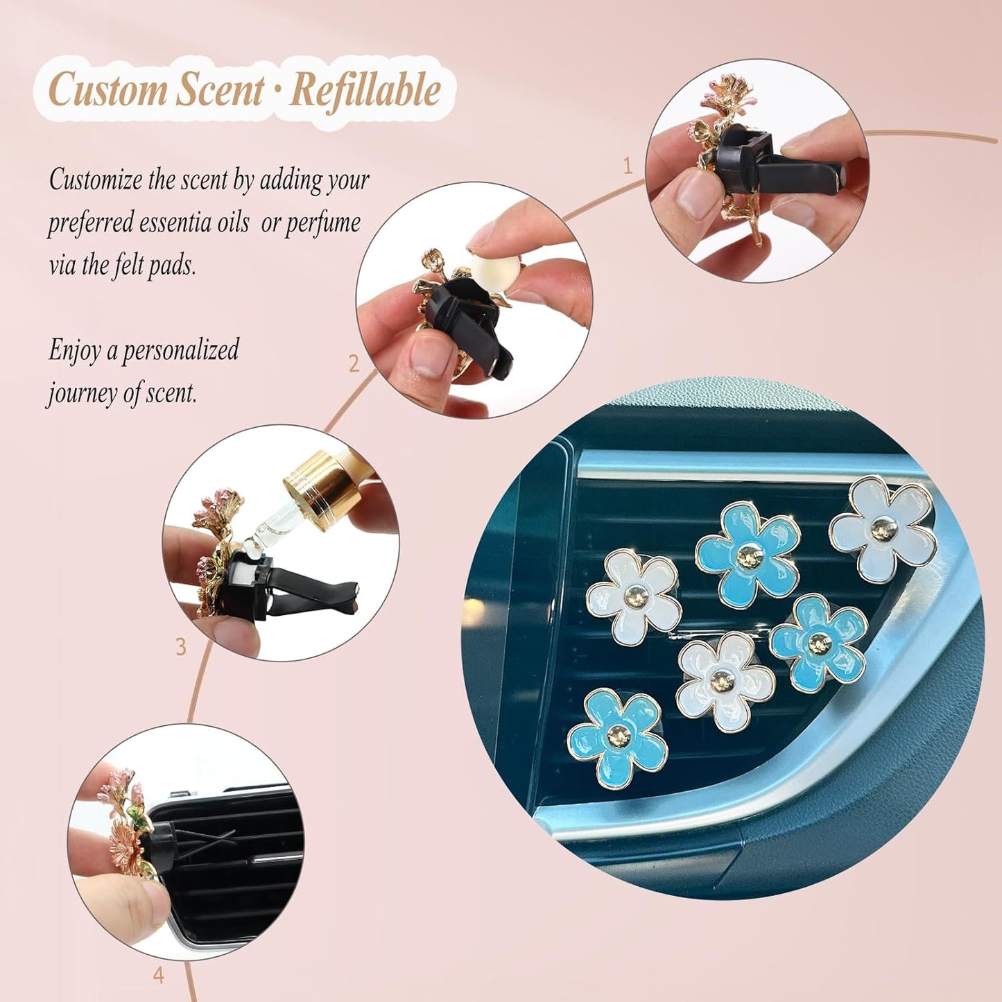 ORIESSE 6pcs Flowers Car Air Freshener Vent Clips Purple White Daisy Air Vent Clip Car Accessories for Women 3.3cm/3cm Flower Vehicle Interior Decor Refillable Diffuser