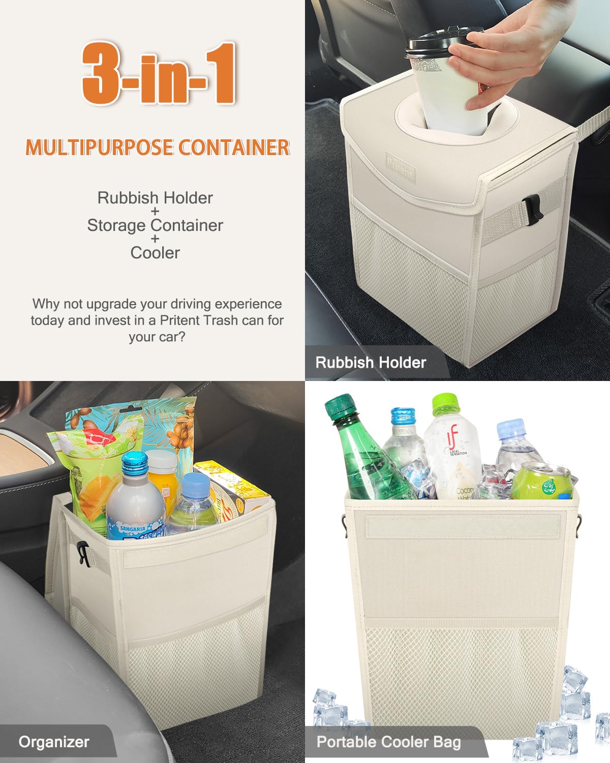 Pritent Car Trash Can with Lid, Cute Leakproof Car Trash Garbage Bag Hanging Vehicle Trash Bin Small Portable Automotive Garbage Cans Organizer for Back/Front Seat/Console(Trapezoid,Black)