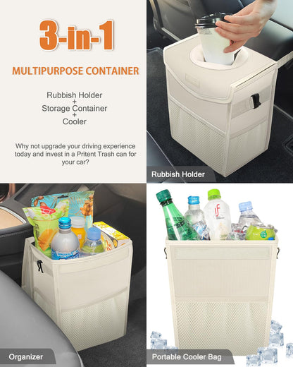 Pritent Car Trash Can with Lid, Cute Leakproof Car Trash Garbage Bag Hanging Vehicle Trash Bin Small Portable Automotive Garbage Cans Organizer for Back/Front Seat/Console(Trapezoid,Black)