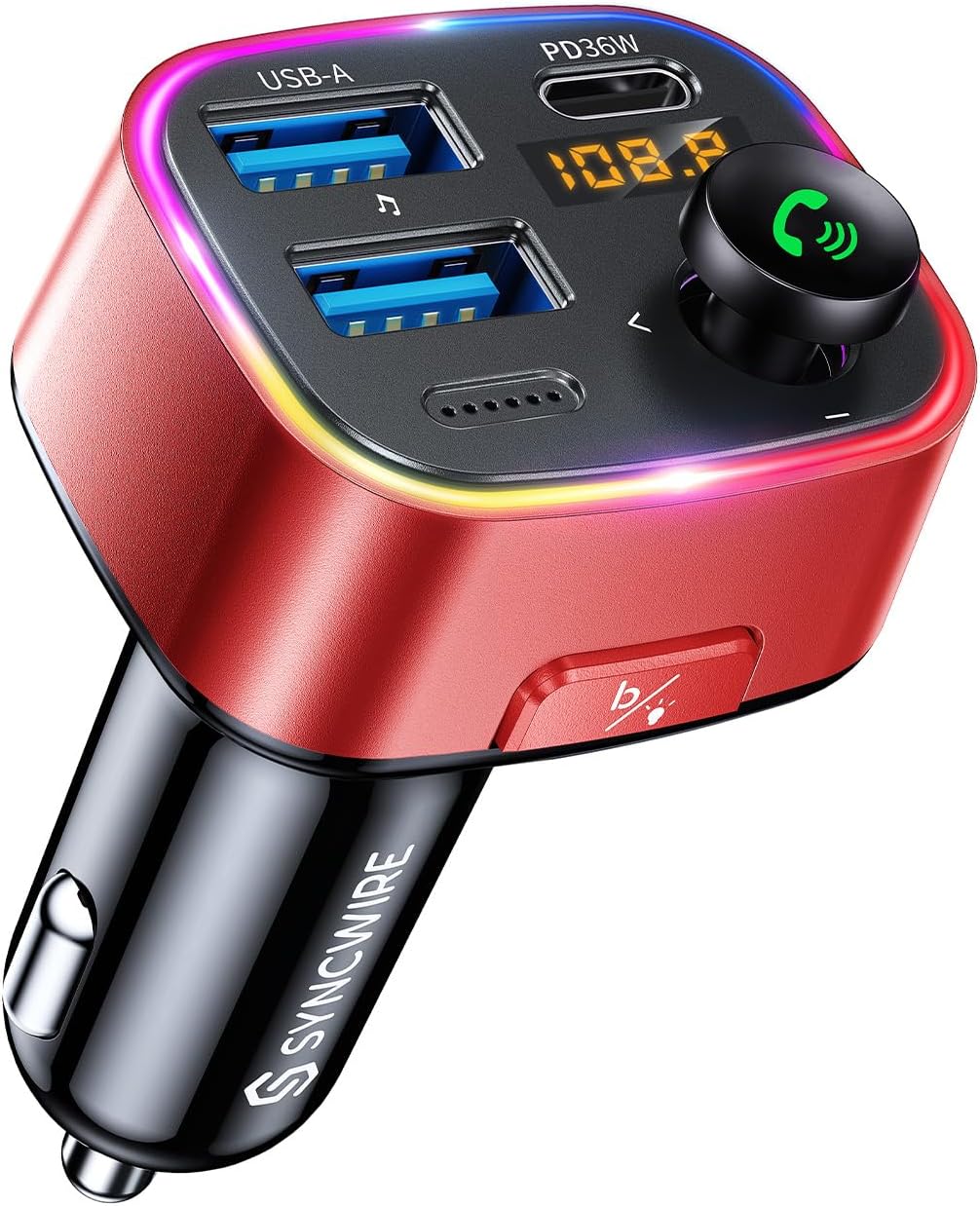 Syncwire Bluetooth 5.4 FM Transmitter Car Adapter 48W (PD 36W & 12W) [Light Switch] [HiFi Bass Sound] [Fast Charging] Wireless Radio Music Adapter LED Display Hands-Free Calling Support USB Drive