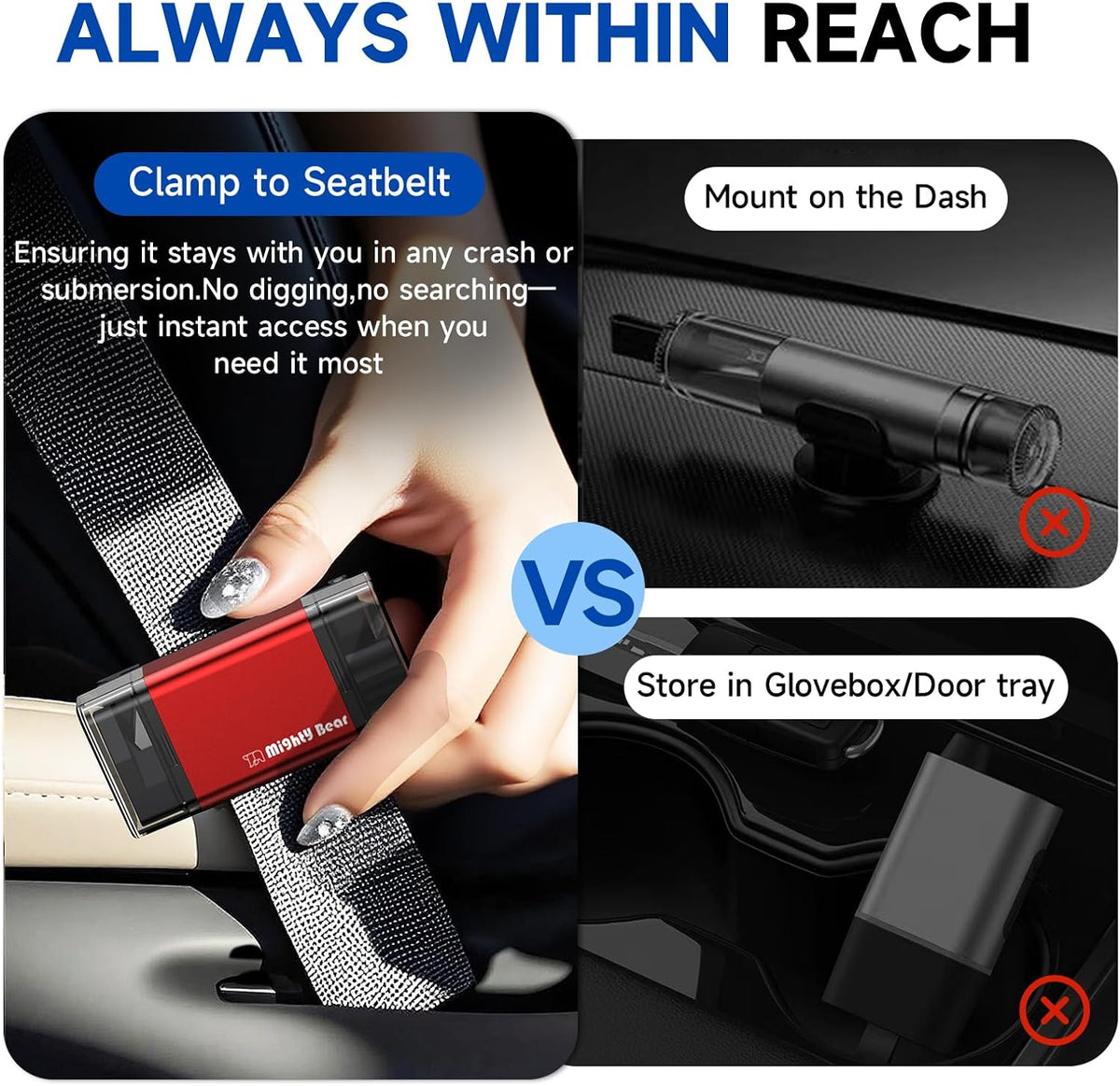 MightY Bear Window Breaker Seatbelt Cutter, 2-in-1 Car Emergency Tool, Underwater Glass Breaker for Traffic Accidents and Family Rescue - 2 Pack Red