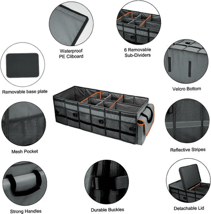Car Trunk Organizer and Storage with Lid & Removable Leakproof Cooler Bag, Car Accessories 6 Removable Dividers for Custom Space, Collapsible Large Trunk Organizers Interior for SUV Sendan with Cover