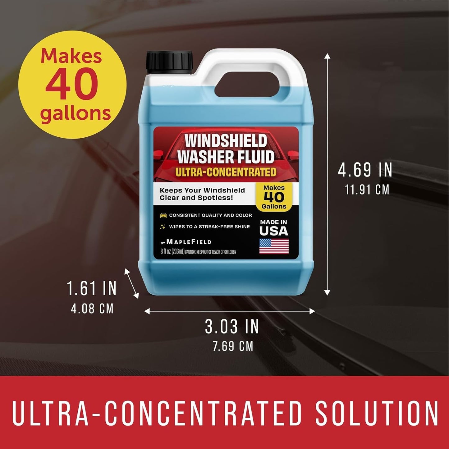 Maplefield Windshield Washer Fluid Concentrate - 8 Fl Oz, Makes 40 gal - All-Season Streak-Free Windshield Wiper & Window Washer Fluid