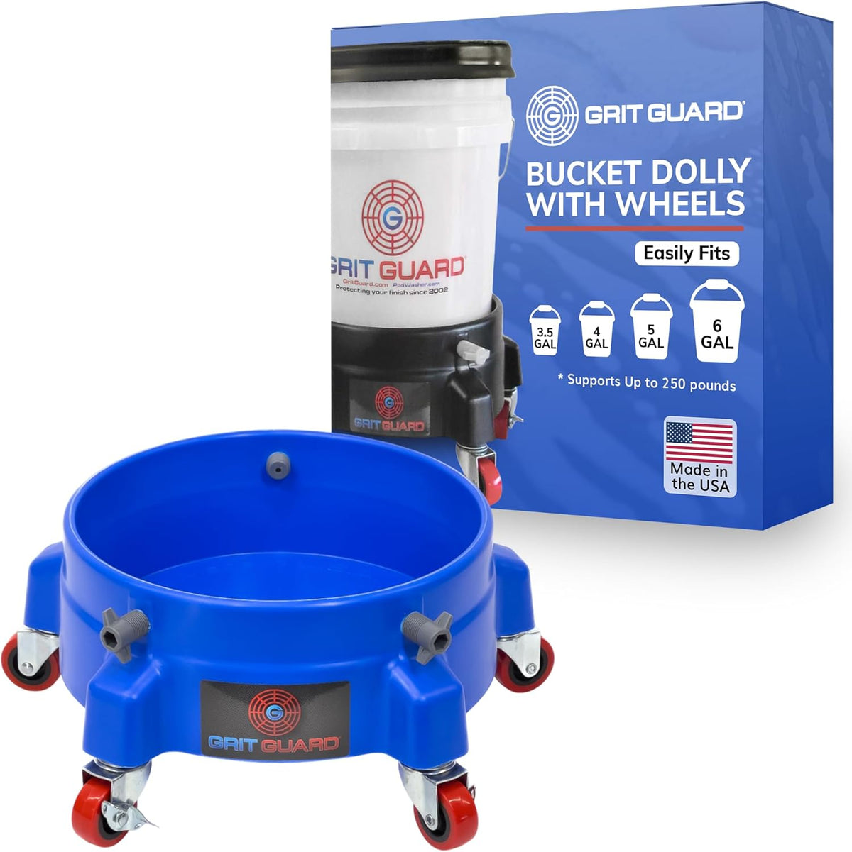 GRIT GUARD Bucket Dolly with Wheels - Rolling Detailing Wash Bucket with 5 Wheels and 2 Locking Casters Compatible with 2.5, 4, 5 and 6 Gallon Buckets (Black, 2" Red Casters) - Made in the USA