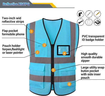 Reflective Mesh Safety Vest, Breathable Hi Vis Vest Construction Work with 5 Pockets and Zipper for Men Women