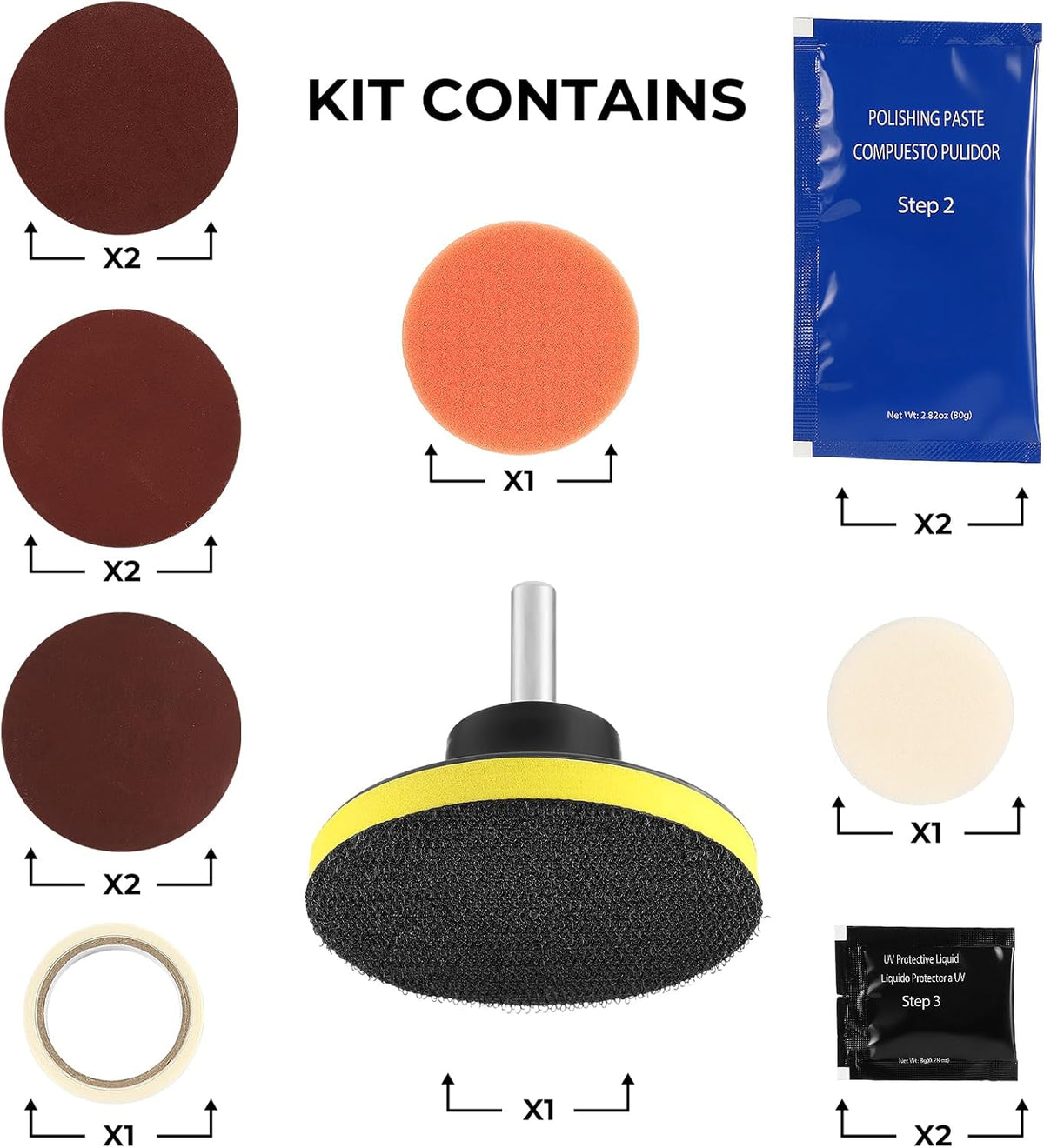 Headlight Restoration Kit, Polish Restore Cleaner Clean Tool DIY Polishing, Sanding Discs, Scouring Pads for Electric Drill, 3 Easy Steps to Restore Sun Damaged Car Headlights Lens