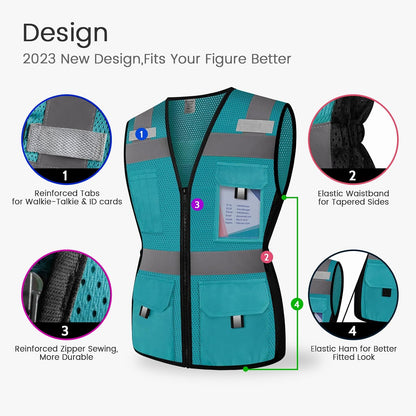 Reflective Vest for Women, Mesh Womens Safety Vest with 11 Pockets and Zipper, Hi Vis Neon Construction Work Vest for Lady Surveyors/Workers, Snugly-Fitted, ANSI Compliant (U-Yellow, S)