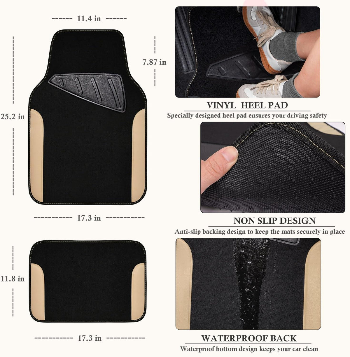 CAR PASS Rainbow Waterproof Universal Fit Faux Leather Car Carpet- Anti-Slip Nibbed Backing Floor Mats for SUV, Vans,Sedans,Trucks, Automotive Set of 4 for Women (Black with Red)