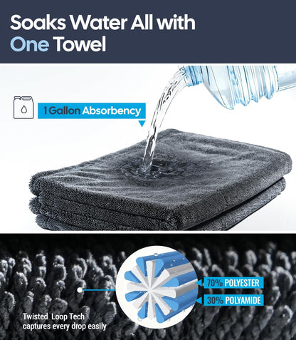 Wigoo Premium Microfiber Car Drying Towel 1300 GSM, 36" x 24" [Ultra-Absorbent, Streak-Free] Dual-Sided Edgeless Cleaning Towels with Twisted Loop, for Auto Detailing, Cars, SUV, Truck (2 Sizes)