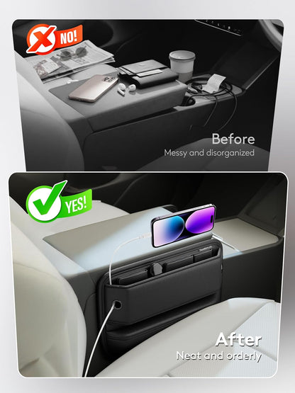 2 Pack Car Seat Gap Filler Organizer with Sun Visor Organizer, PU Leather Seat Gap Filler for Phone, Keys, Cards & Sunglasses, Front Seat Storage Side Pocket for Cars SUVs Trucks