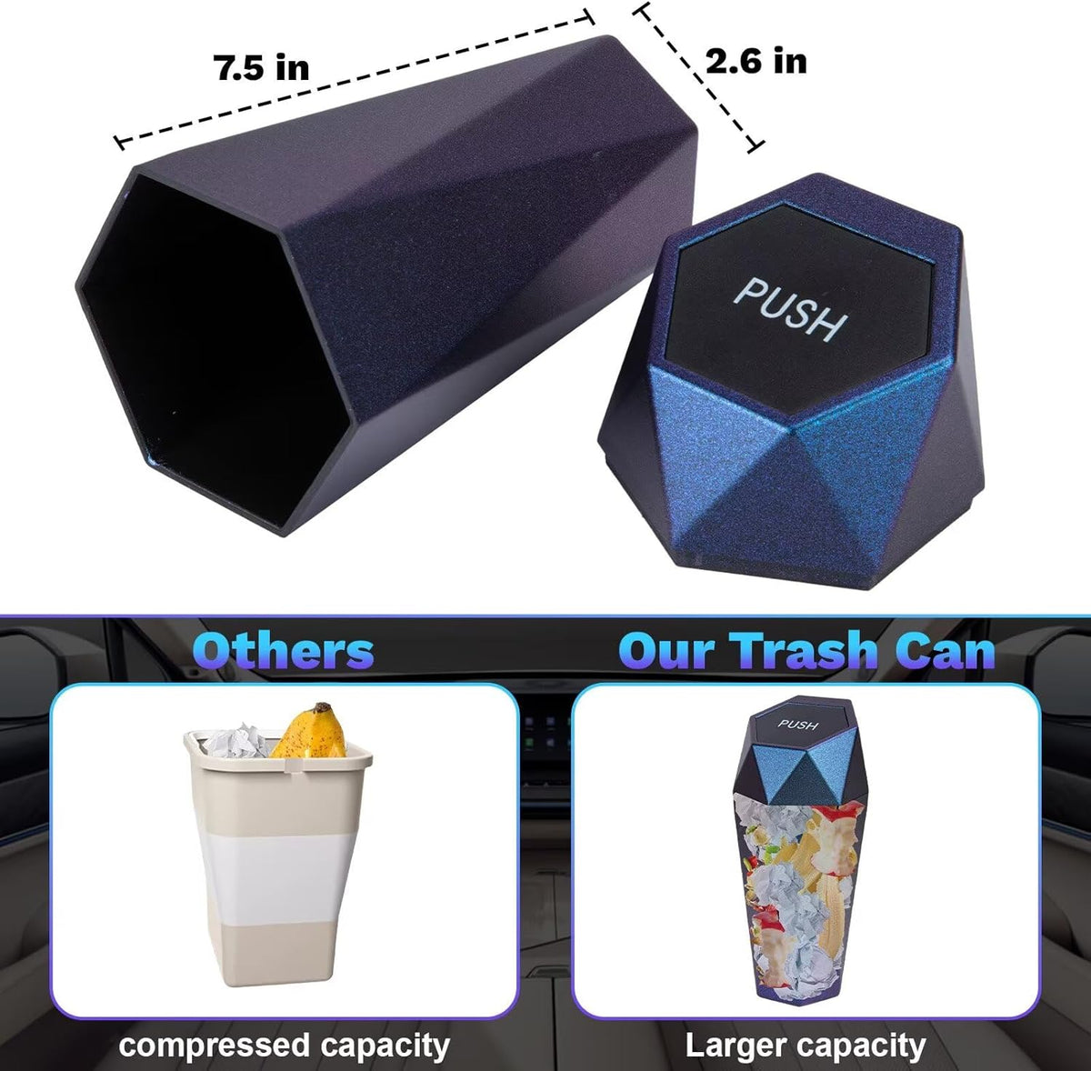 BFXM Car Trash Can, Car Trash Bin with Lid, Car Accessories for Women Interior, Car Garbage Can with Additional 2 ABS Hooks and 60pcs Trash Bags, Suitable for Home, Office, Car Organizer, Black