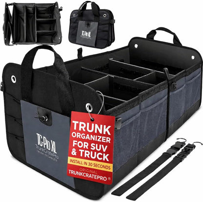 TRUNKCRATEPRO Trunk Organizer For Car, Suv, Truck | Premium Adjustable Multi Compartments Collapsible Car Trunk Organizer With Securing Straps & Non-Slip Bottom (Large Size, Black)
