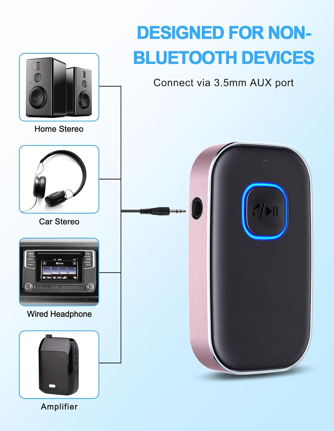 COMSOON Bluetooth AUX Adapter for Car, Noise Reduction Bluetooth Receiver for Music/Hands-Free Calls, Wireless Audio Receiver for Home Stereo/Speaker, 16H Battery Life/Dual Connect (Black+Pink)