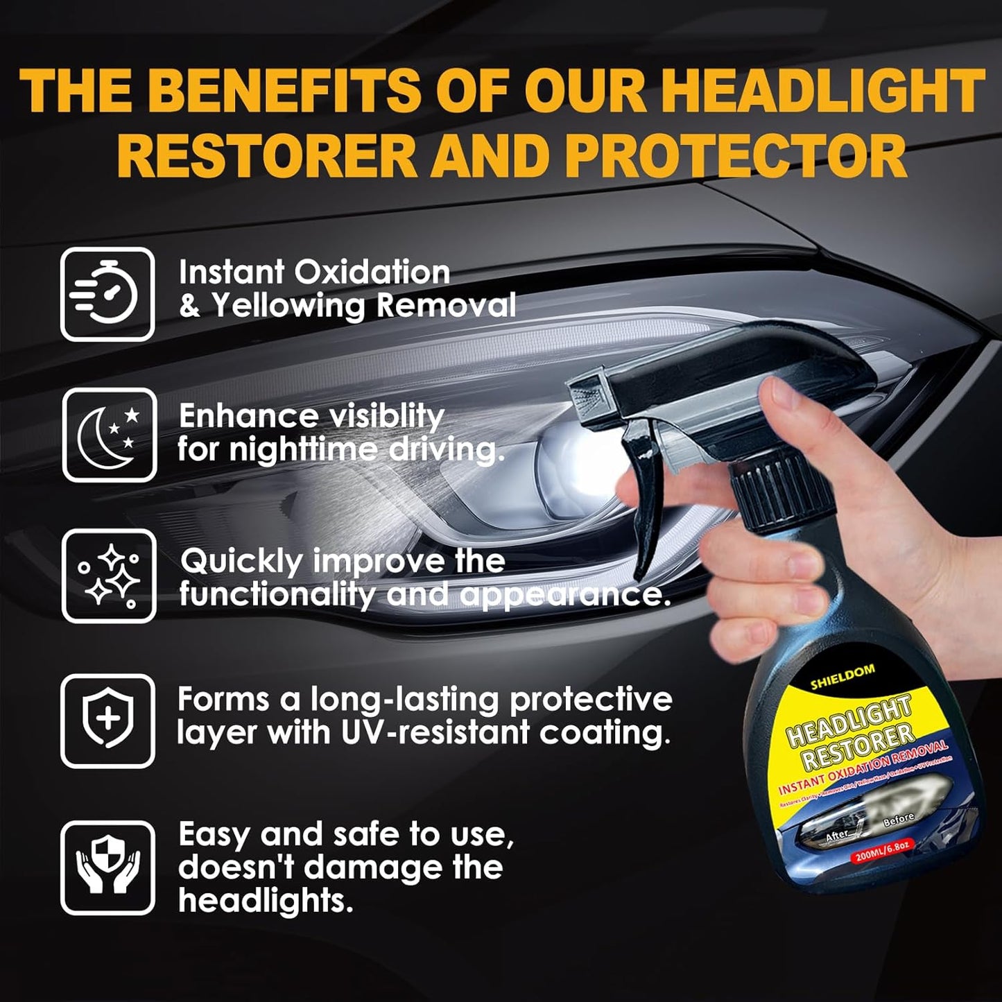 SHIELDOM Headlight Restoration Spray Headlamp Cleaner & Restorer, Instant Renew Oxidation & Yellowed Headlights to Like New Kit with Applicator Pad & Towel, Safe for All Vehicles Lamps 6.8 fl oz