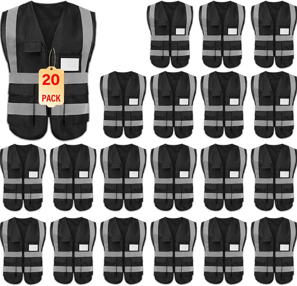 Safety Vests 20 Pack,Hi Vis Construction Vest with 5 Pockets and Zipper,Reflective Vest for Men Women Work One Size