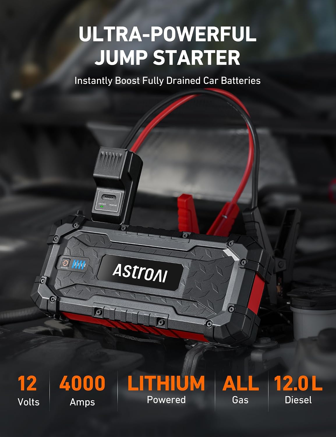 AstroAI S8 Ultra Car Jump Starter, 4000A Safe 12V Battery Booster Pack (All Gas/12L Diesel), Portable Jump Box with Smart Jumper Cables, Type-C/USB, LED Flashlight, Rugged Protection & Storage Bag