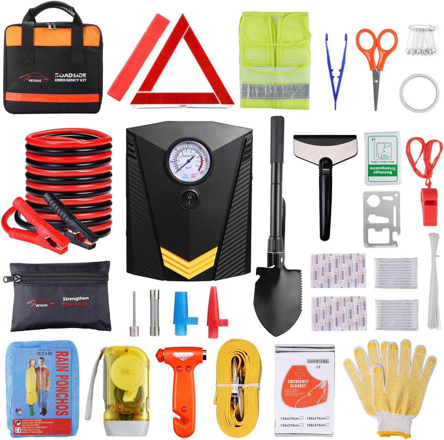 Vetoos Car Roadside Emergency Kit with Jumper Cables, Auto Vehicle Safety Road Side Assistance Kits, Winter Car Kit Essentials for Women and Men, with Car Repair Tool Set, Folding Survival Shovel