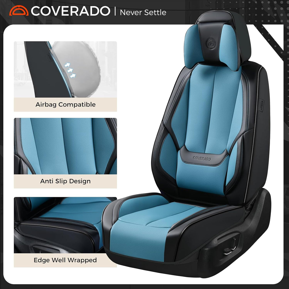 Coverado Seat Covers Full Set, Black Seat Covers for Cars 5 Seats, Car Seat Protector, Waterproof Nappa Leather Car Seat Cushion, Front and Rear Car Seat Cover Fit for Most Sedans SUV Pick-up Truck - Colors B