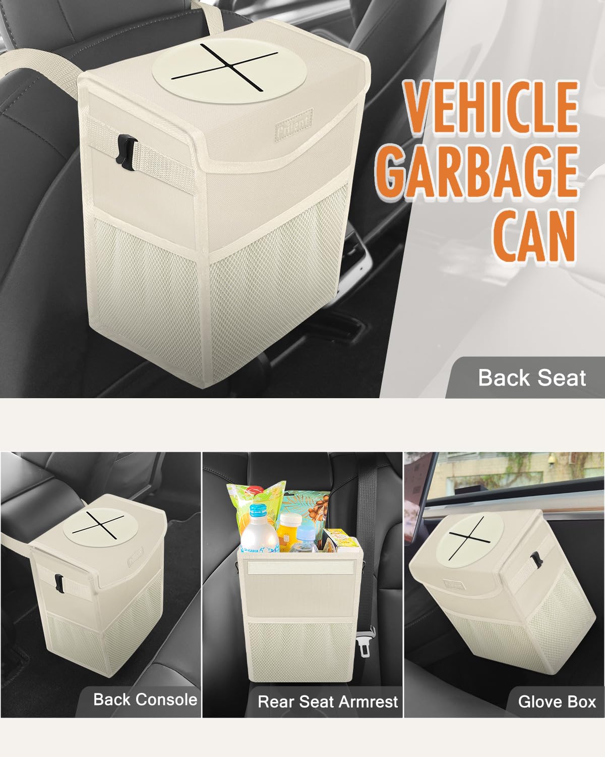 Pritent Car Trash Can with Lid, Cute Leakproof Car Trash Garbage Bag Hanging Vehicle Trash Bin Small Portable Automotive Garbage Cans Organizer for Back/Front Seat/Console(Trapezoid,Black)