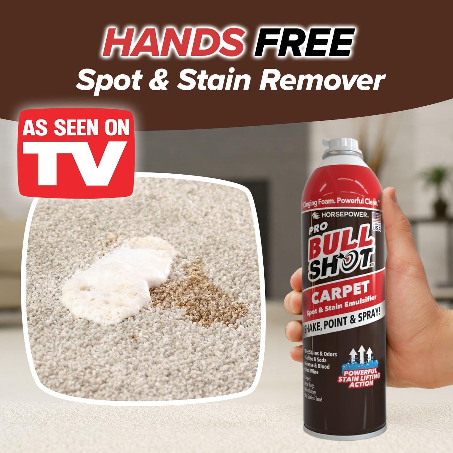 Bull Shot Carpet Spot & Stain Remover, AS SEEN ON TV, Made In USA, Just Point & Spray, Stain-Lifting Foam-Action, Coffee, Soda, Wine, Grease, New & Old Stains & More