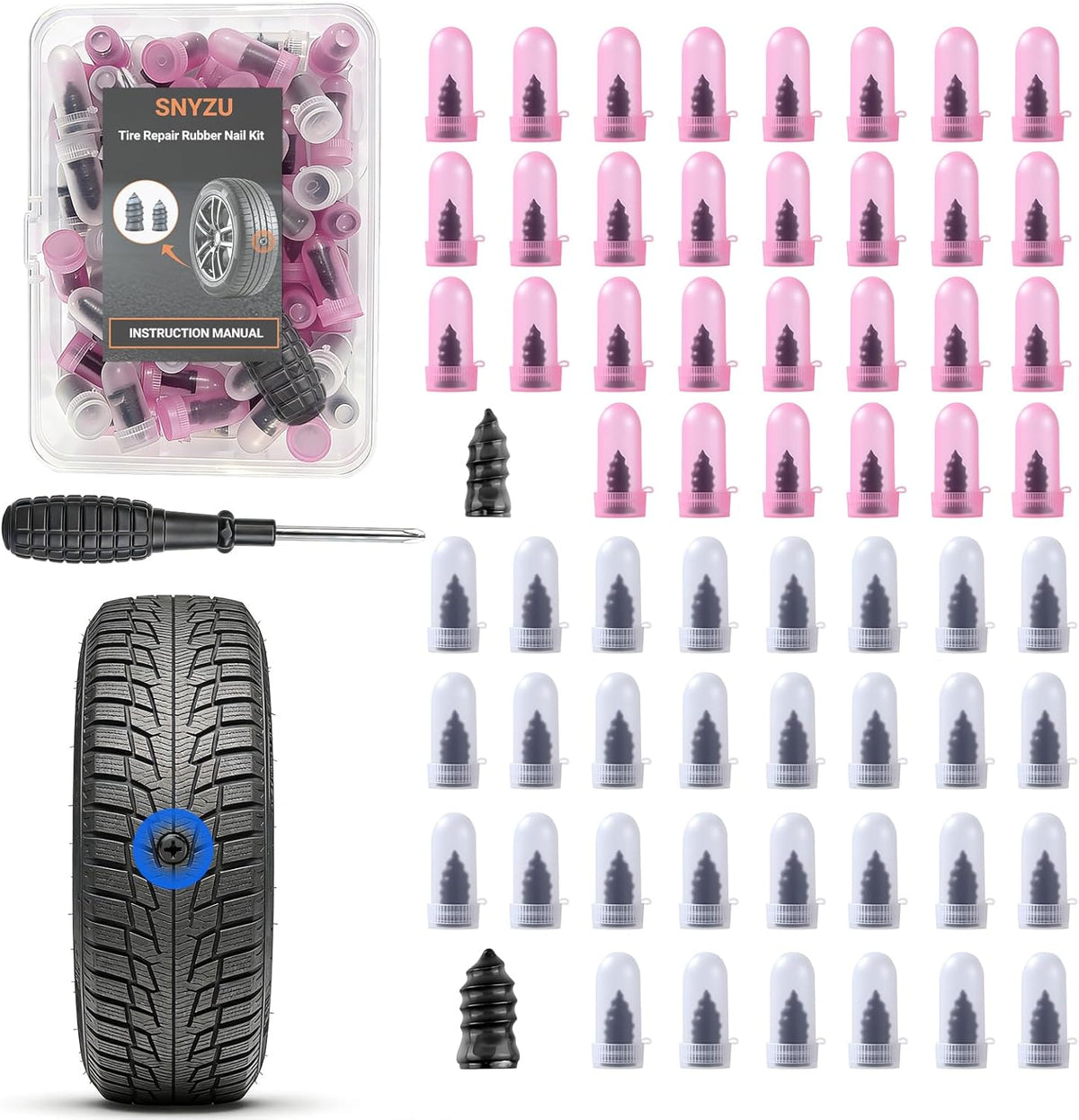 Tire Repair Rubber Nail Kit, Premium Spiral Screw-in Tire Plugs with 2 Sizes, Emergency Roadside Flat Tire Fix Tool for Car Truck Motorcycle Tractor ATV SUV - Fast Self Service Repair, 61 PCS