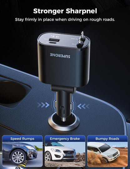 SUPERONE Retractable Car Charger for iPhone with Dual Type C Cables, 4 in 1 USB C Car Charger Adapter with 69W Fast Charging Compatible with iPhone 17 16 15 14 13 12 11 Pro/XS/XR/SE/iPad/Airpods