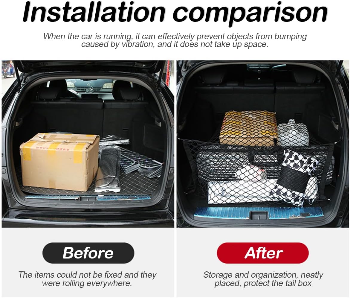Osilly Car Rear Cargo Net, Double-Layer Adjustable Stretchable Elastic Storage Organizer Net, Trunk Cargo Storage Mesh Net with Hooks, Car Interior Accessories Fit for Vehicle, Trucks, SUV (Large)
