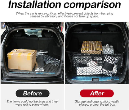 Osilly Car Rear Cargo Net, Double-Layer Adjustable Stretchable Elastic Storage Organizer Net, Trunk Cargo Storage Mesh Net with Hooks, Car Interior Accessories Fit for Vehicle, Trucks, SUV (Large)