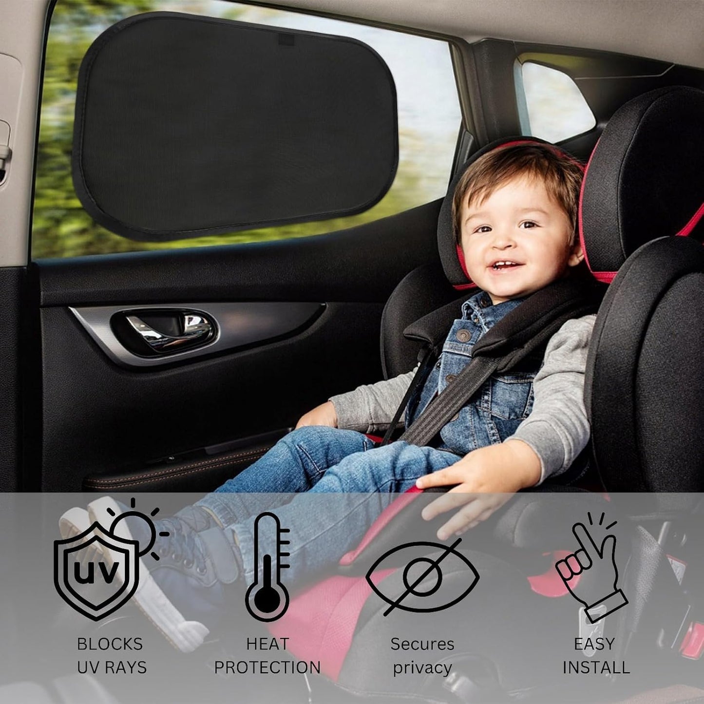 luxail Car Window Shades for Baby 19” x 12” (2 Pack) Cling, Blocks 99.98% UVR, Sun Shade Blocker, Glare Shield Protection, Side Car Window Screens, Mesh Window Shades for Baby, Black