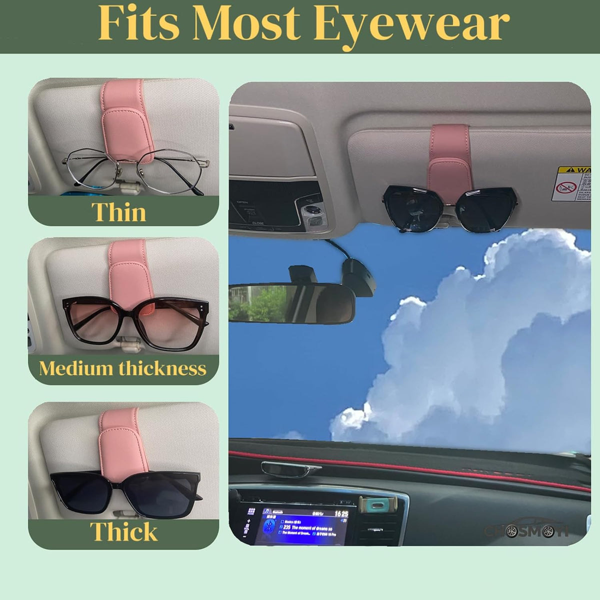 CHOSMOYI Magnetic Leather Sunglass Holder for Car, Sunglasses Clip for Car Visor, Auto Interior Accessories Universal for Different Size Eyeglasses (Black)