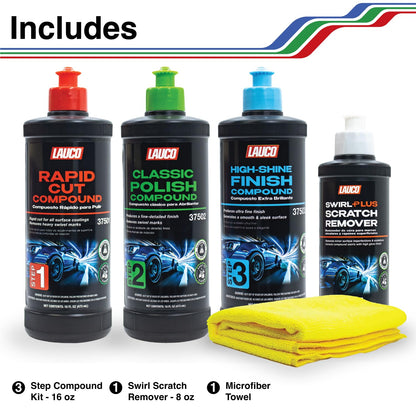 LAUCO Paint Correction Compounds Step 1, 2, 3, Swirl Remover 8oz Kits, with a Towel, Silicone-Free, Clear Coat Safe Scratch Remover, Swirl Correction & High Gloss Finishing
