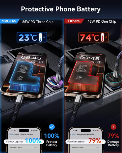 【Upgraded】 125W Car Charger USB C Super Fast Charging, [PD65W & QC60W][All Metal] MRGLAS Cigarette Lighter Car Charger, Car Electrical Accessories for iPhone 17 Pro Max iPad Samsung S26 S25 Pixel 10