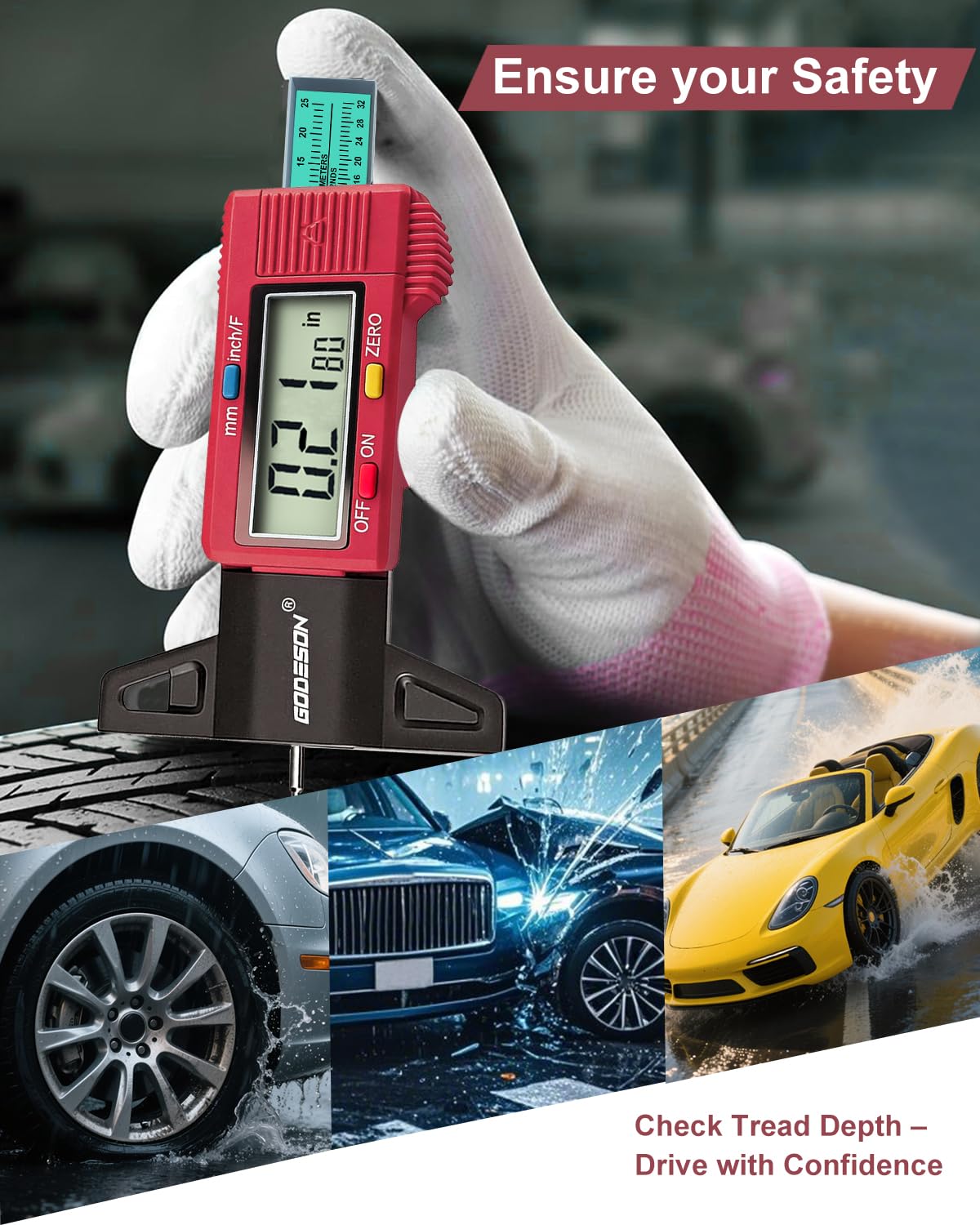 GODESON Tire Tread Depth Gauge, Digital Tire Tread Depth Gauge with 3 Modes-Fractional Inch, Decimal Inch and Millimeter, Tire Depth Gauge for Motorcycles, Cars, SUV, Easy to Read Tread Depth Gauge