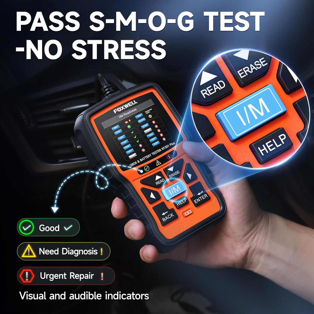 FOXWELL 2-in-1 NT301 Plus OBD2 Scanner with 12V Battery Tester, Check Engine Light Code Reader, Car Battery/Starter/Charging System Test, Live Data Diagnostic Tool for 1996+ OBDII Vehicles