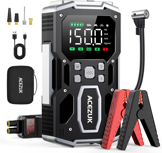 Portable Car Jump Starter with Air Compressor, ACEZUK 160PSI 8000A Jump Starter (All Gas/10.0L Diesel), 12V Battery Jump Box Car Battery Jumper Starter with 3.4" LCD Display, 2 Lights