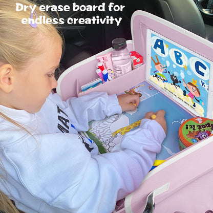 MENZOKE Kids Travel Tray for Toddler Car Seat, Road Trip Activities for Kids with iPad Holder Stand & Dry Erase Board, Road Trip Essentials Accessories Lap Tray as Travel Gifts for Kid, Pink