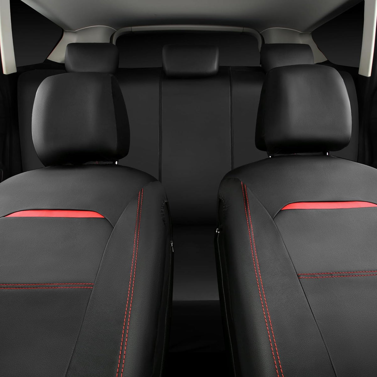 CAR PASS Universal FIT Piping Leather Two Front Seat Covers, Waterproof Faux Leather for SUV Sedan Van Truck, Airbag Compatible,Reserved Opening Holes for Headrest Covers. (Black red)