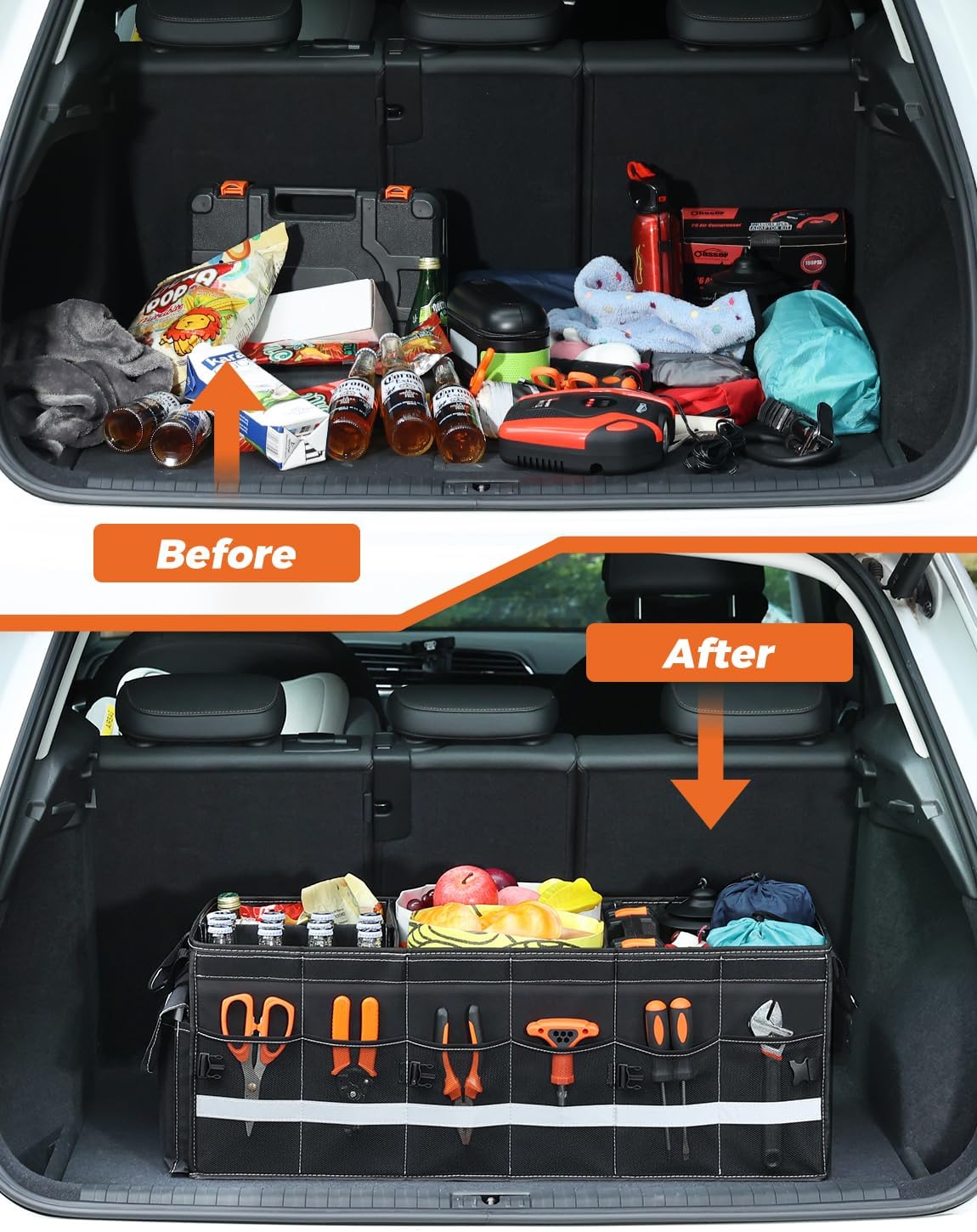 Oasser Car Trunk Organizer, 3 Compartments Collapsible Waterproof Car Organizer Storage with Foldable Cover, Reflective Strip, Non-Slip Bottom, 4 Mesh Pockets for SUV/Truck/Sedan/Camping/Road Trip
