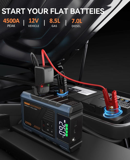 Car Battery Charger Jump Starter with Air Compressor, 4500A Jump Box for Car Battery Portable Jumper Cables with Battery Pack, 12V Jumpstart Combo 150PSI Tire Inflator Air Pump (8.5L Gas/7.0L Diesel)