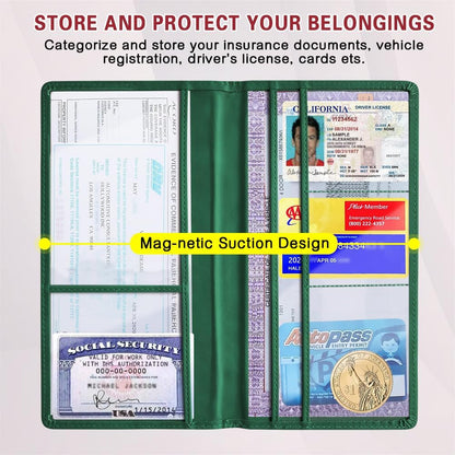 Car Registration and Insurance Holder, Registration and Insurance Card Holder, Auto Glove Box Organizer with Magnetic Shut, PU Leather Automobile Documents Wallet for Cards (Dark Green)