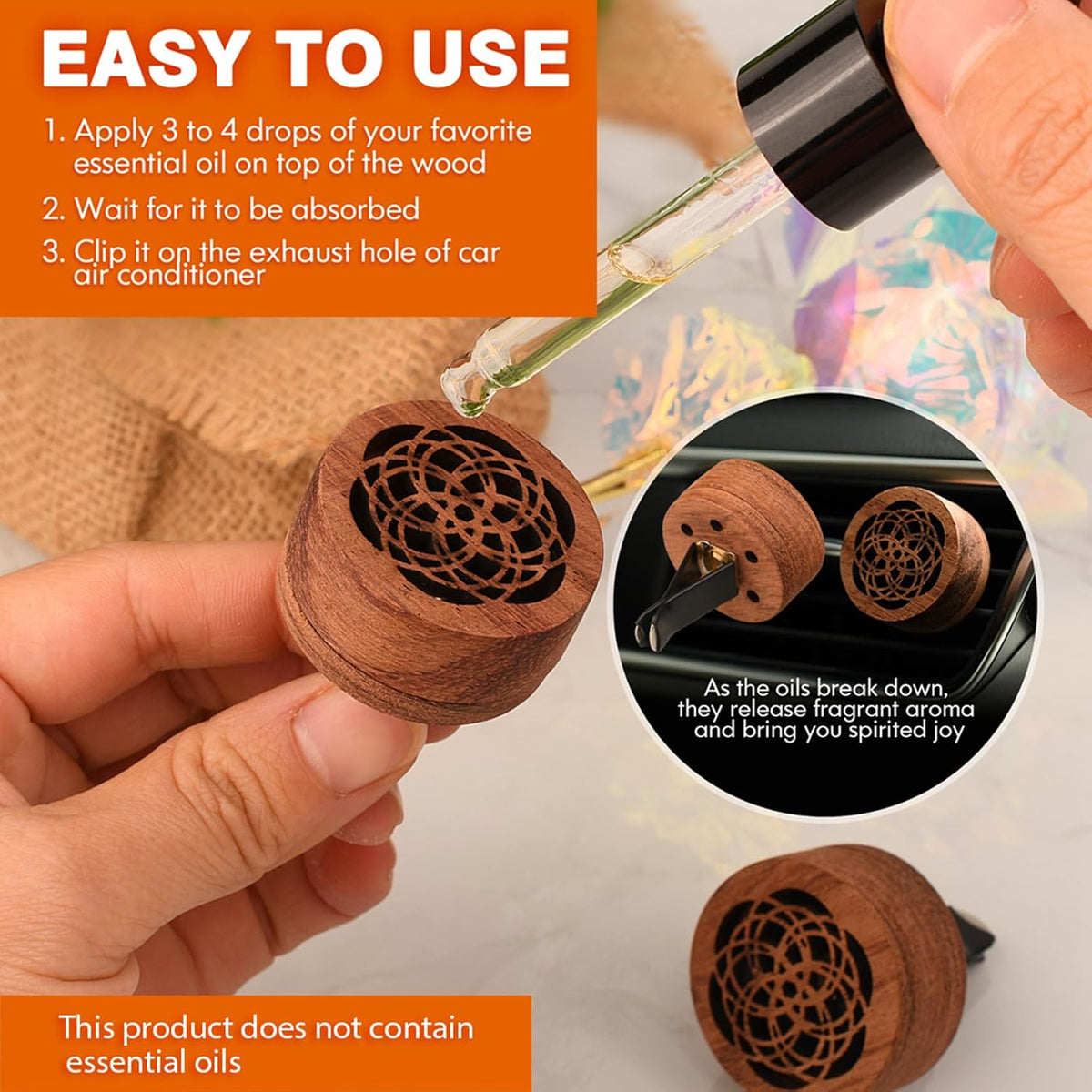 Essential Oil Car Diffuser, 2 PCS Car Aromatherapy Wood Diffuser with Vent Clip