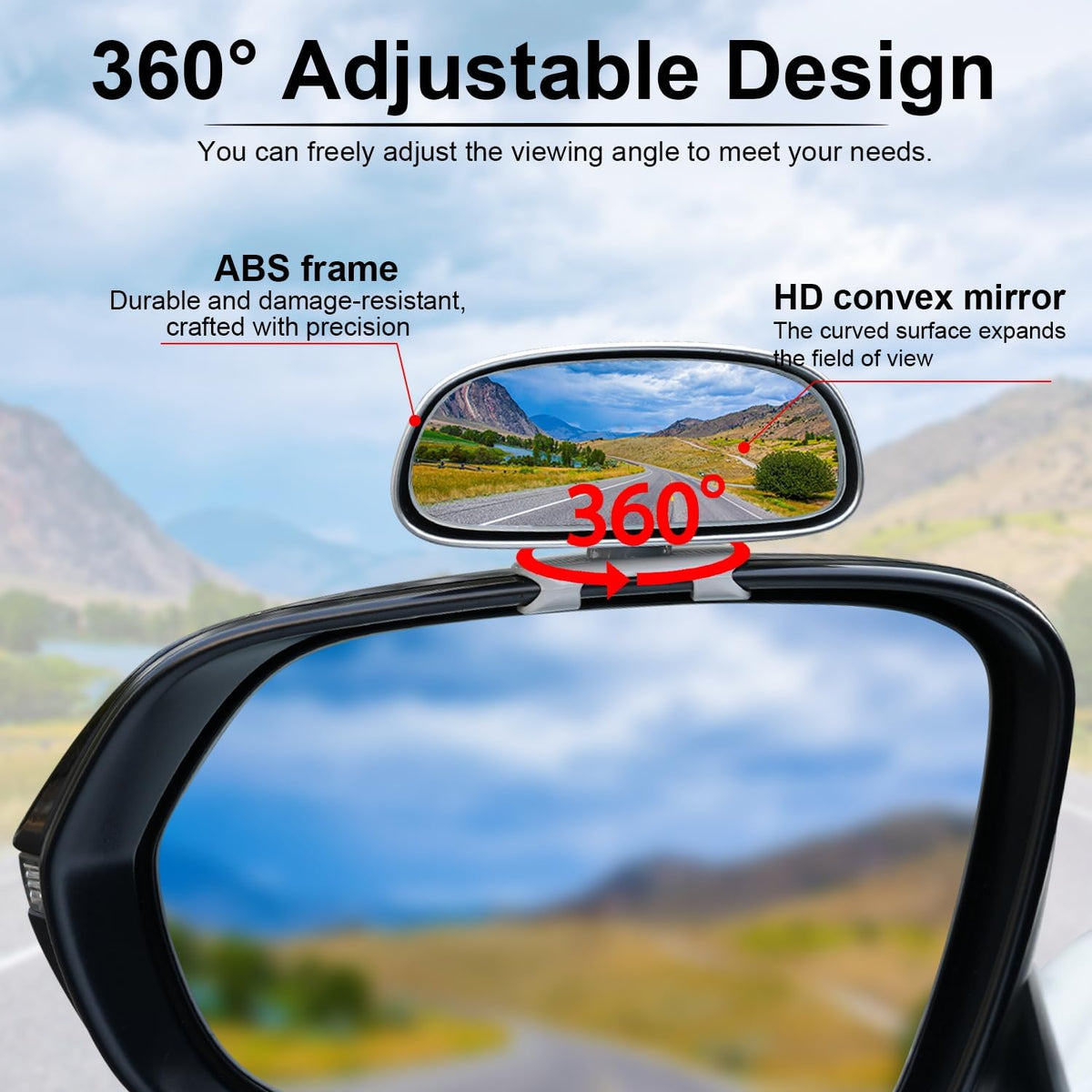 LivTee 2PCS Round Blind Spot Mirror, HD Glass and ABS Housing Convex Wide Angle Rearview Mirror with Adjustable Stick for Universal Car, Black