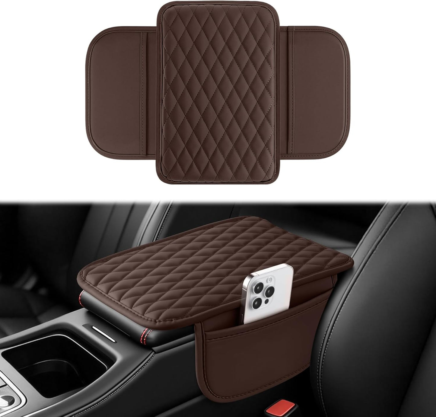 Amiss Car Center Console Cover, Upgraded Leather Car Armrest Cushion with 2 Storage Pockets, Universal Waterproof Cushion Pad, Non-Slip Car Interior Accessories, Fits Most Sedans SUVs Trucks (Black)