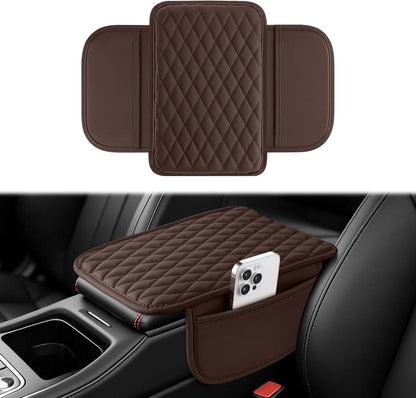 Amiss Car Center Console Cover, Upgraded Leather Car Armrest Cushion with 2 Storage Pockets, Universal Waterproof Cushion Pad, Non-Slip Car Interior Accessories, Fits Most Sedans SUVs Trucks (Black)