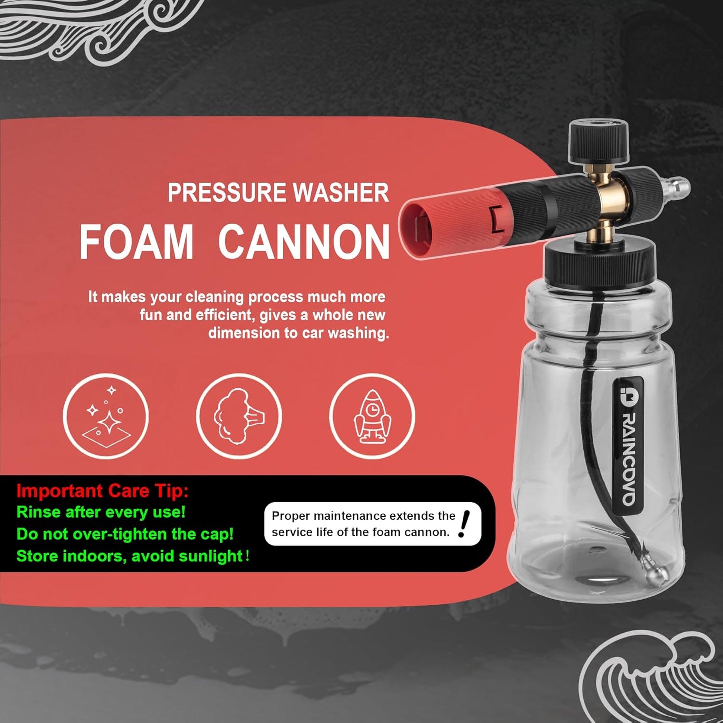 Raincovo Foam Cannon Wide Mouth for Pressure Washer, Thick Snow Foam Lance for Car Wash, Adjustable Soap Cannon with 1/4 Inch Quick Connector, Additional 1.1mm Orifice Nozzle