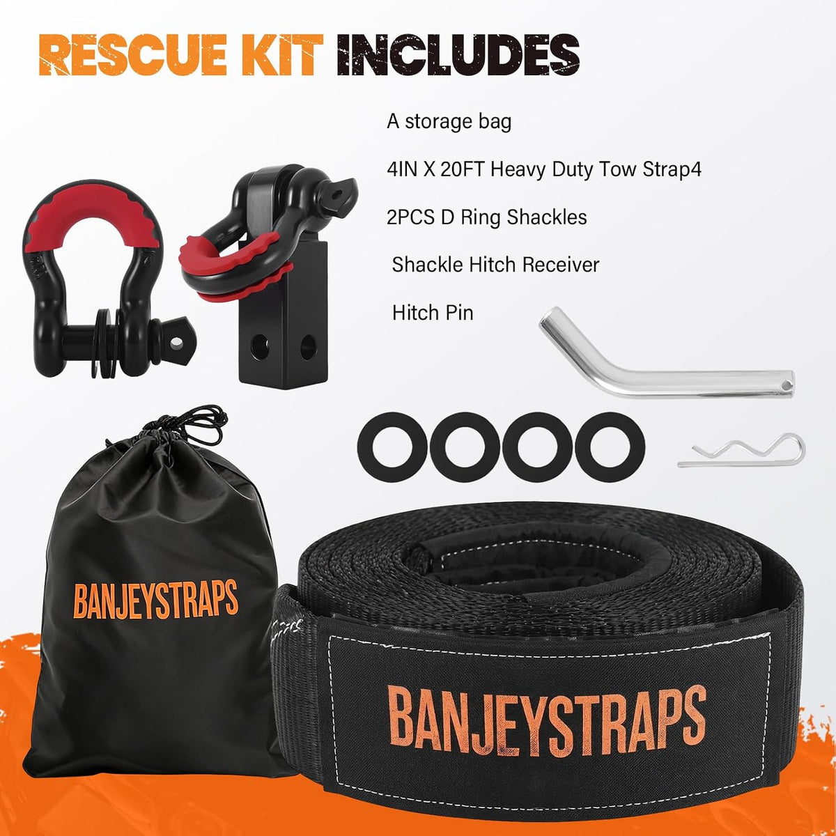 45,000 lb Recovery Tow Strap Kit with 3/4" Shackles（2pcs） - 4" x20' Heavy Duty Snatch Strap for Off-Road Truck & Jeep Recovery, Includes Storage Bag for SUV & 4x4 Vehicle Emergency