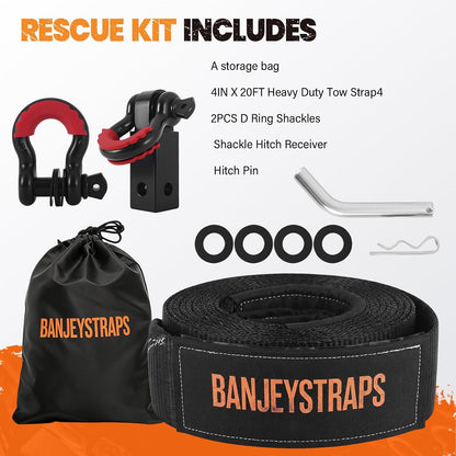 45,000 lb Recovery Tow Strap Kit with 3/4" Shackles（2pcs） - 4" x20' Heavy Duty Snatch Strap for Off-Road Truck & Jeep Recovery, Includes Storage Bag for SUV & 4x4 Vehicle Emergency